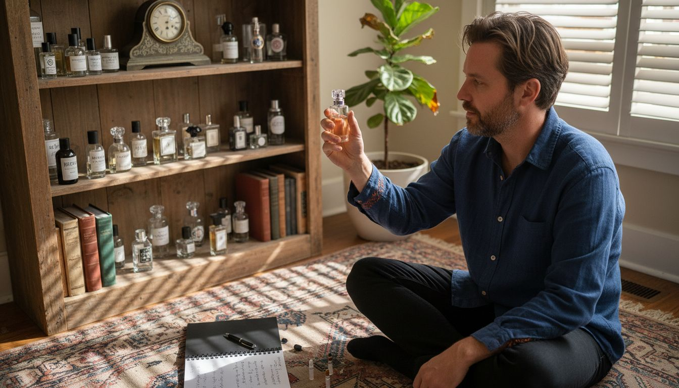 Collector examining unique perfume bottles at home