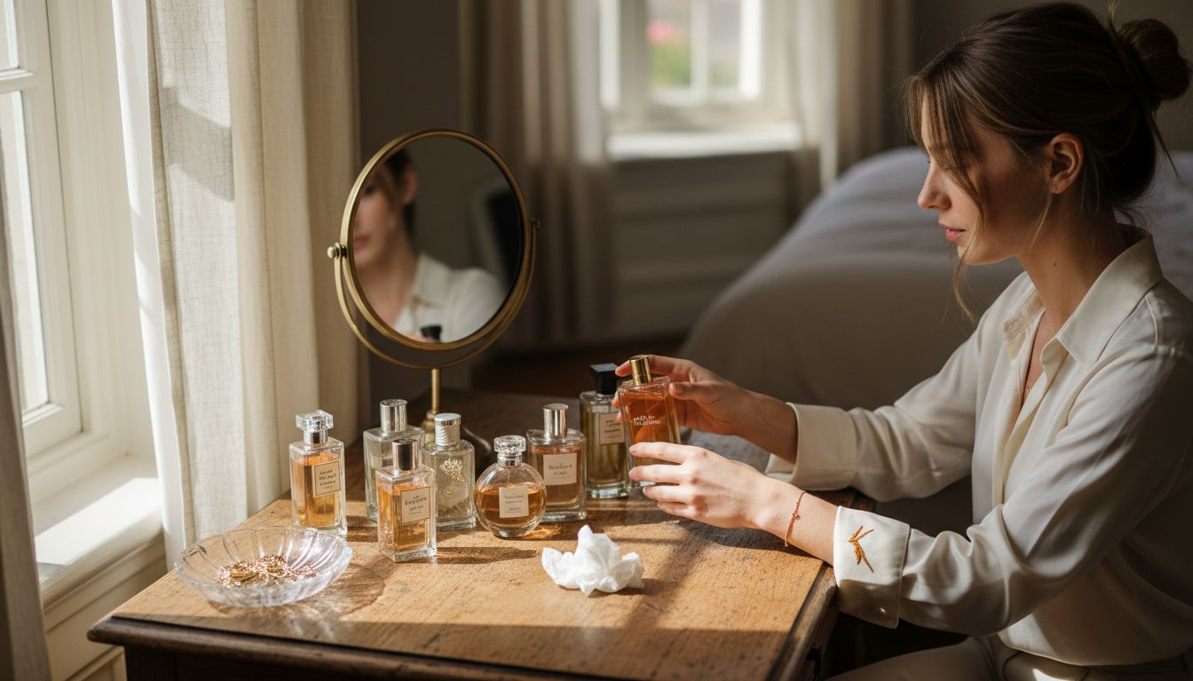 Woman arranging luxury perfumes on vanity