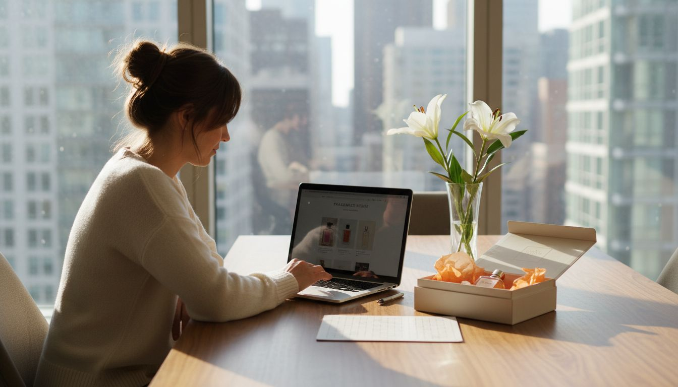 Woman shopping for designer perfumes online