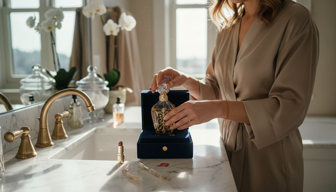 Woman opening designer perfume in luxury bathroom