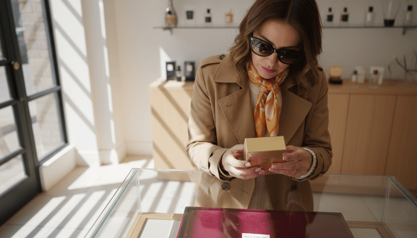 Woman examining perfume at boutique counter