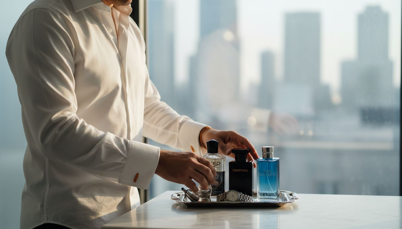 Man arranging iconic luxury cologne bottles