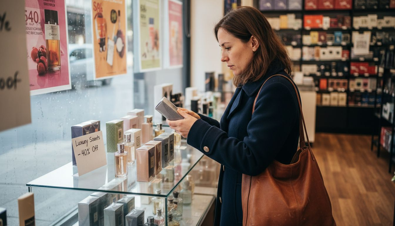 Shopper browsing discounted luxury perfume display