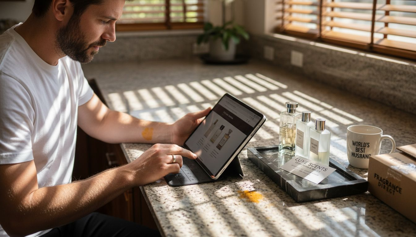 Man comparing luxury colognes with shipping box nearby