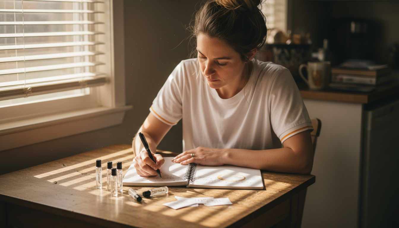 Woman comparing fragrance samples at home