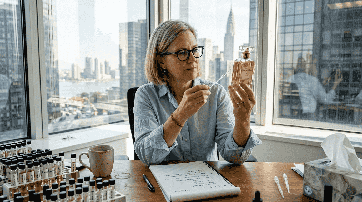 Expert inspecting perfume bottle for authenticity