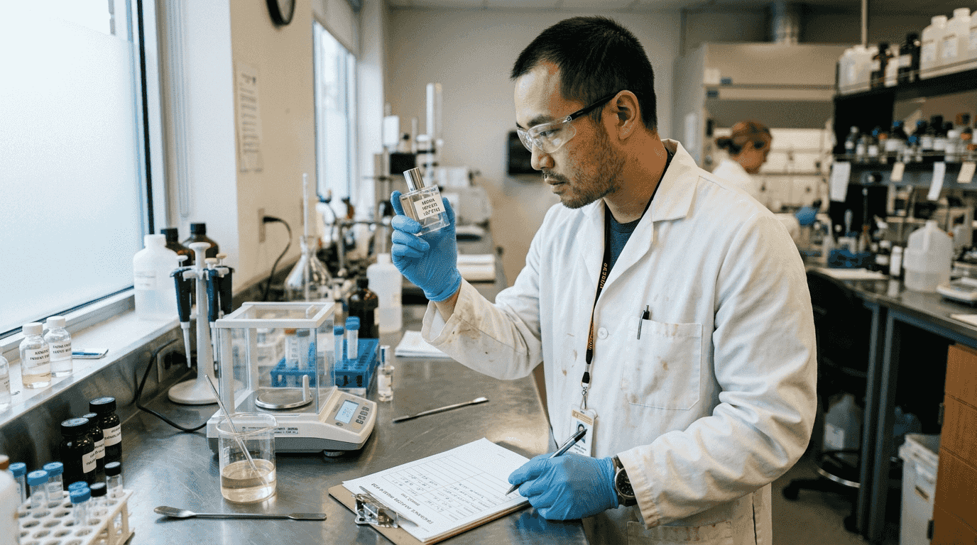 Technician examining perfume bottle for authenticity
