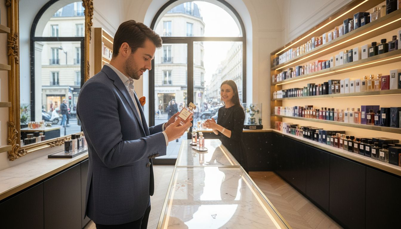 Customer inspecting luxury fragrance bottles