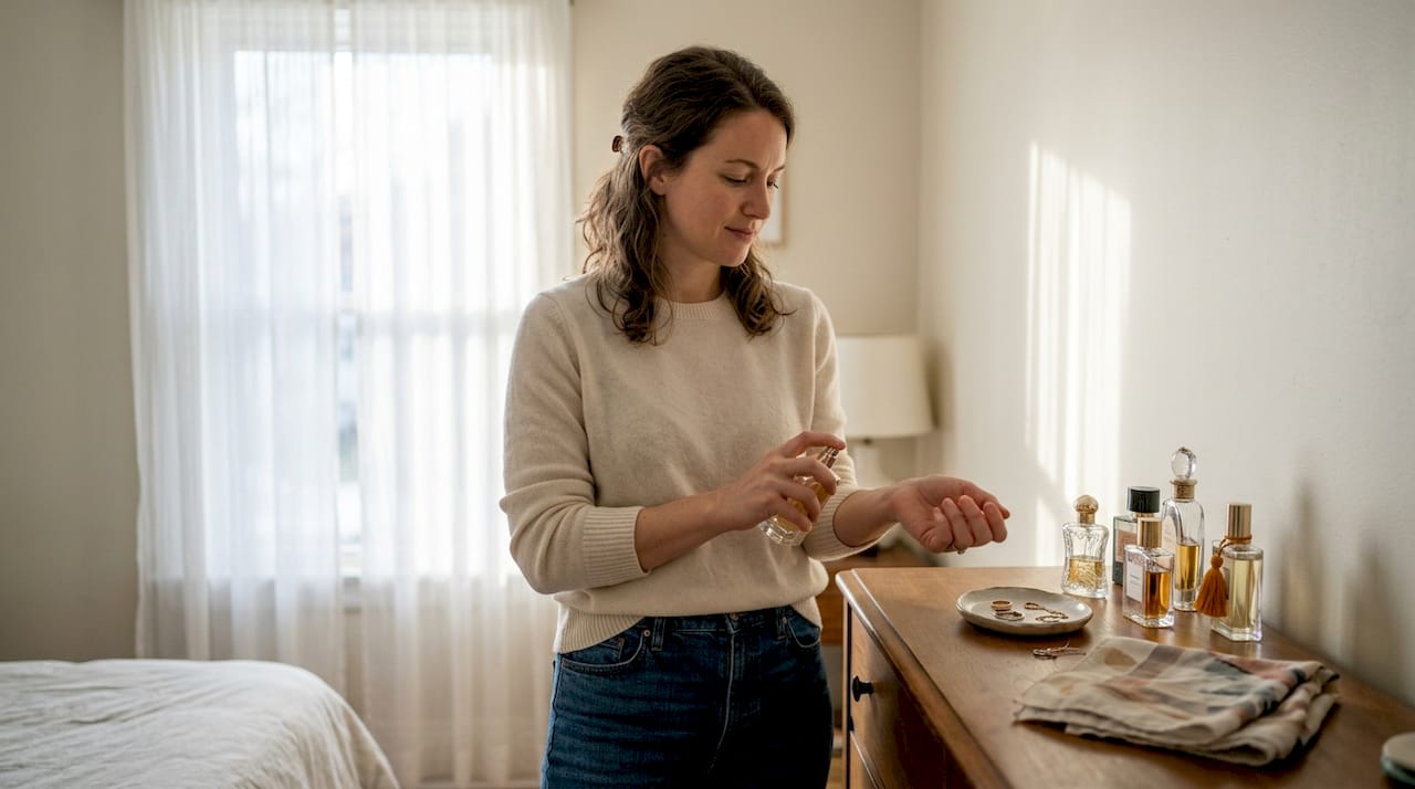 Woman applying perfume in sunlit bedroom