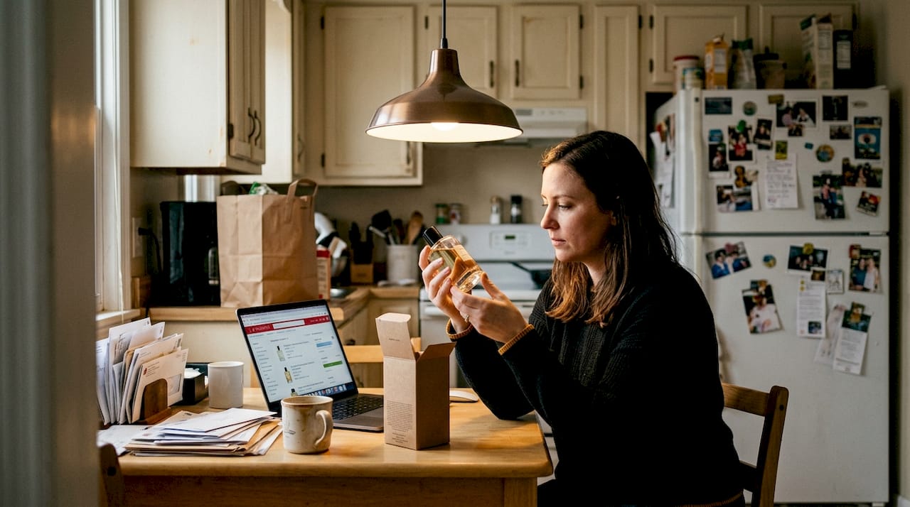 Woman checking perfume authenticity at kitchen table