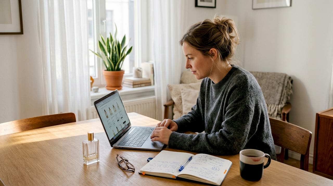 Woman researching perfumes at dining table