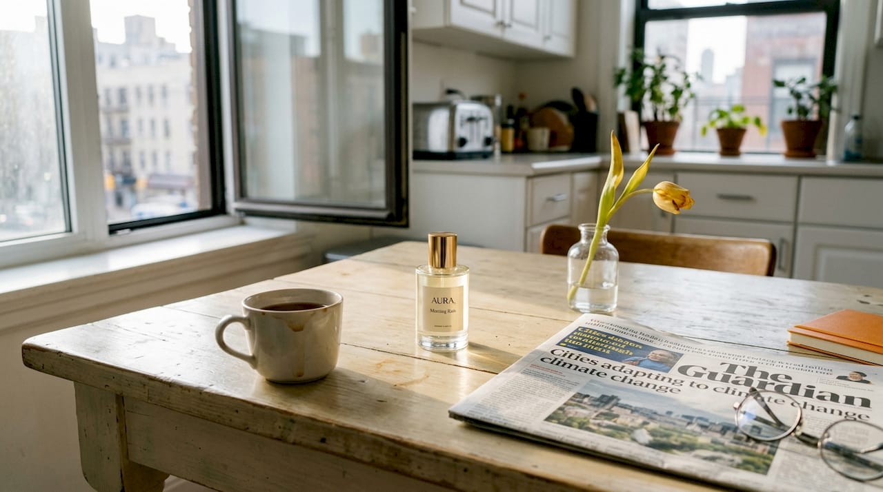 Elegant perfume bottle on sunlit kitchen table