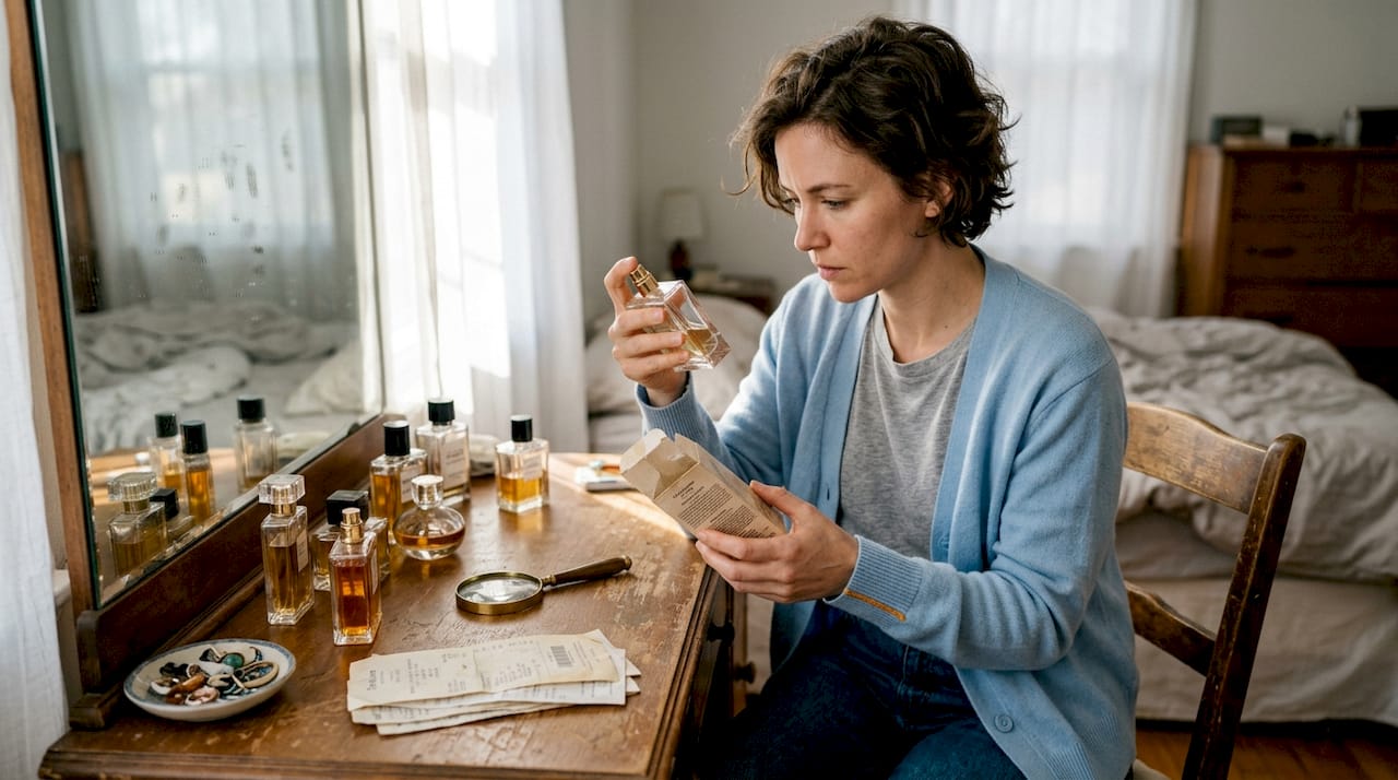 Woman inspecting designer perfume at vanity table