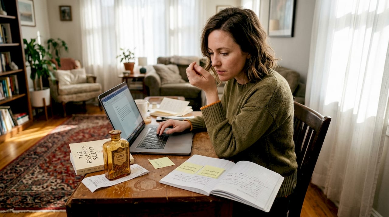 Woman with perfume bottle at home workspace