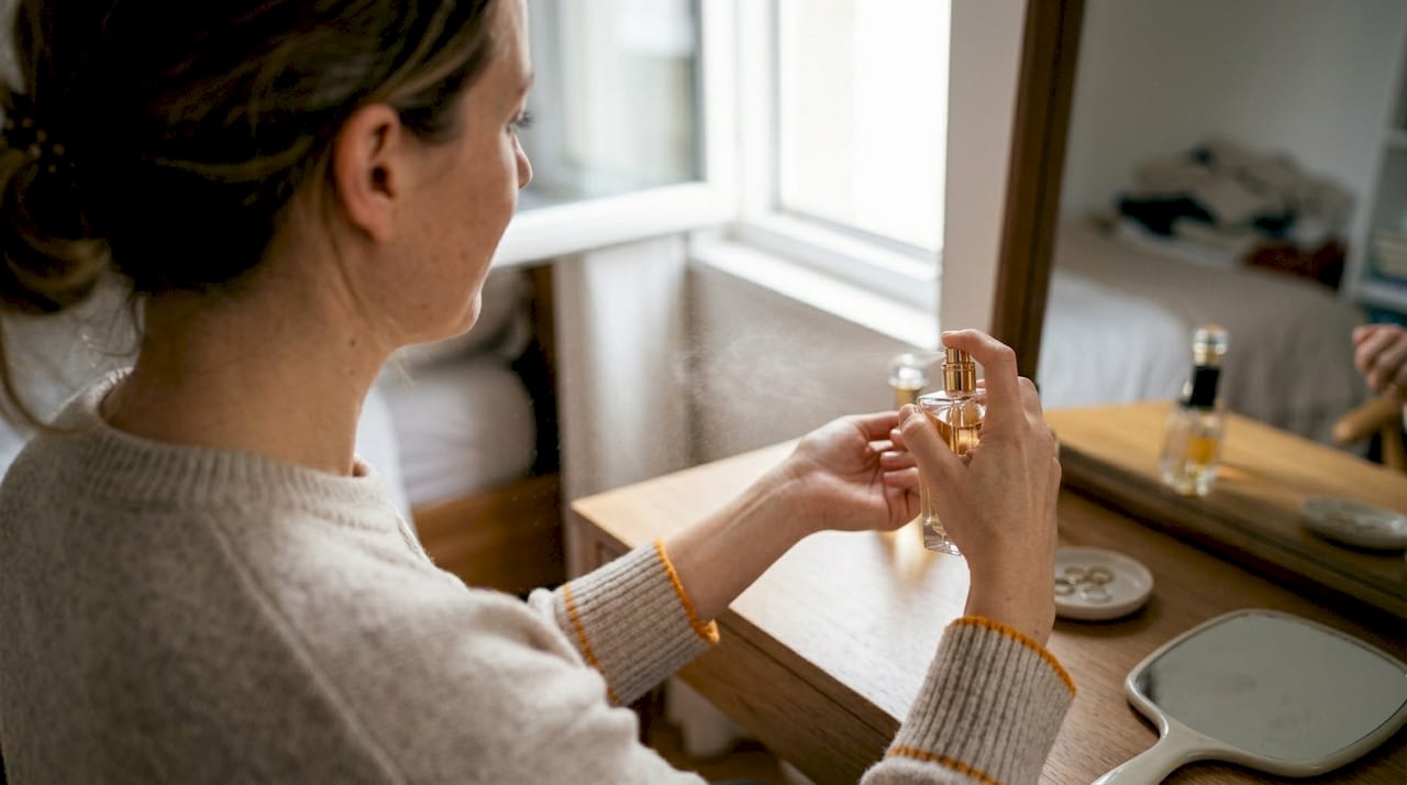 Woman testing new luxury fragrance at vanity