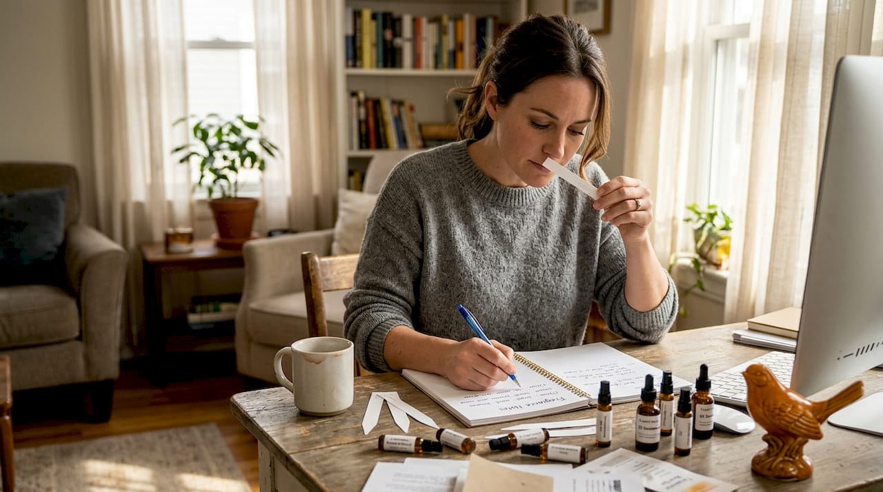 Woman testing perfumes at home desk