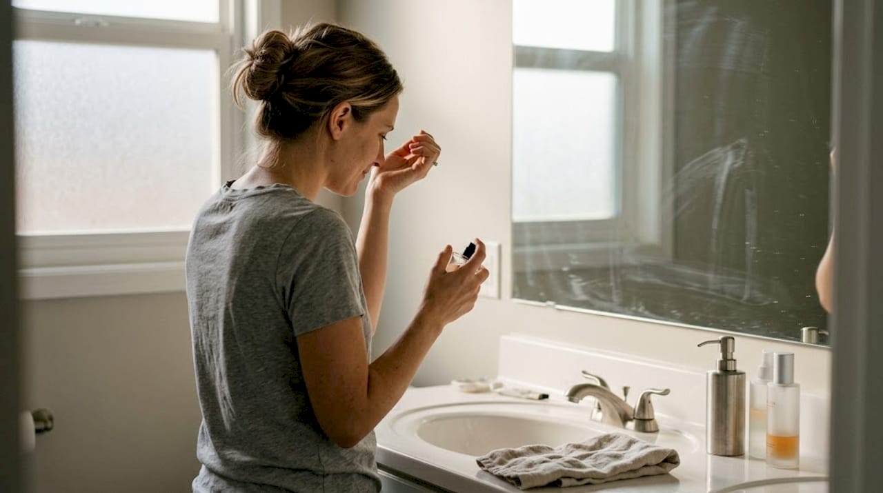 Woman choosing fragrance at home sink