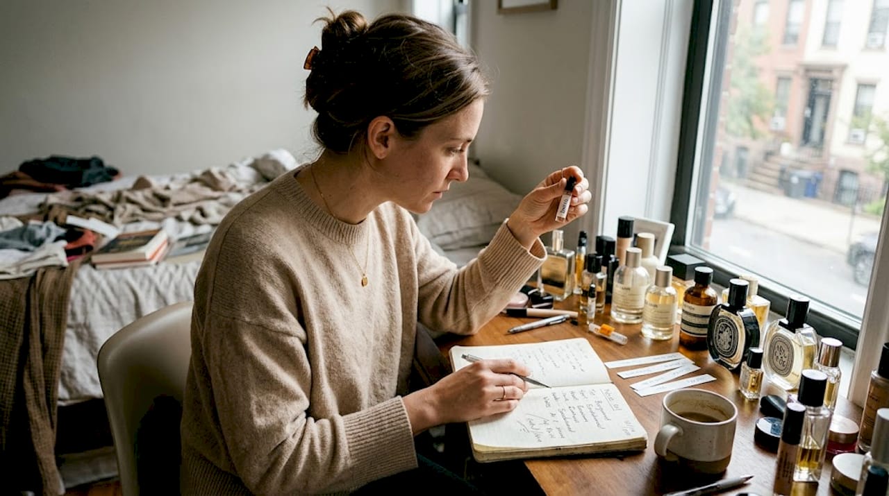 Woman sampling perfume at home vanity