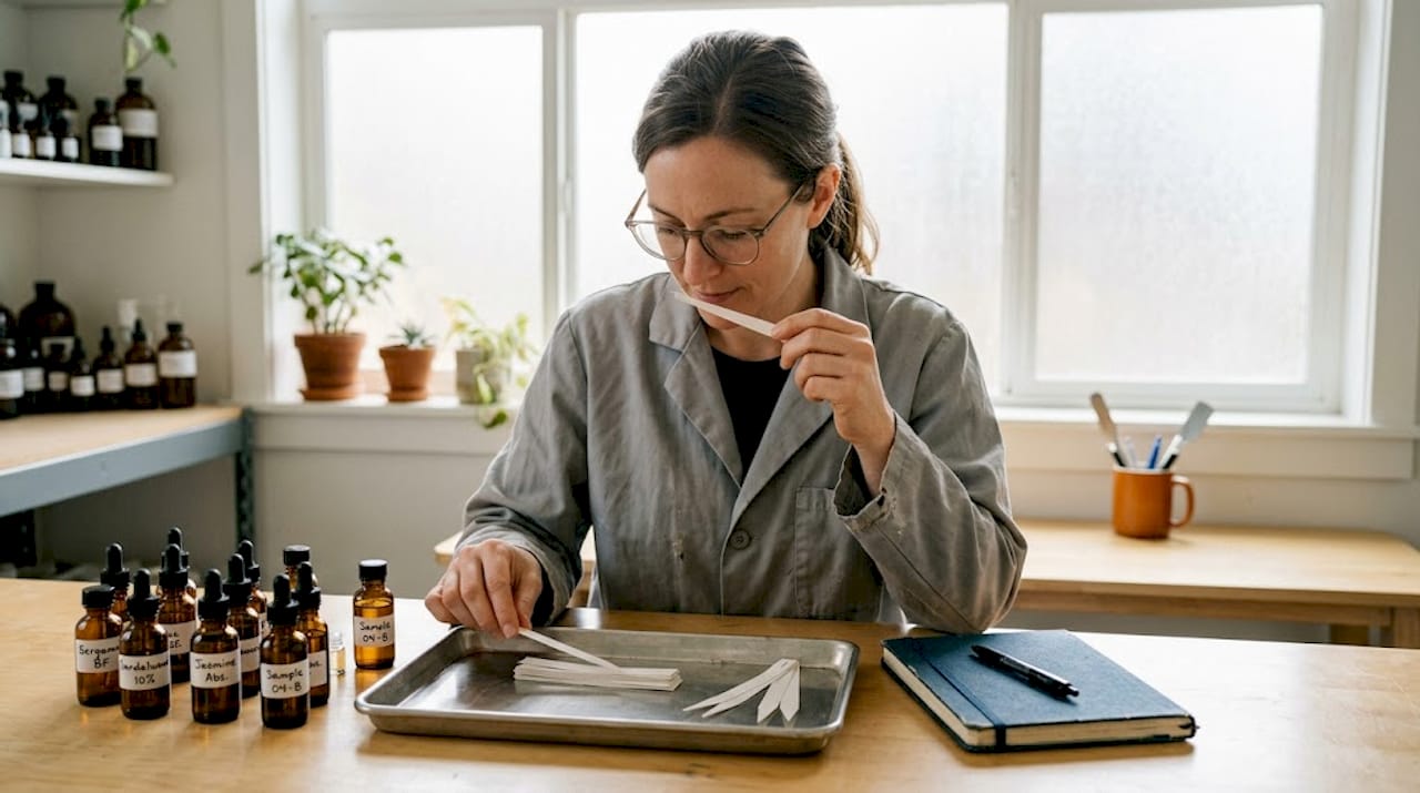 Chemist examining fragrance samples in studio