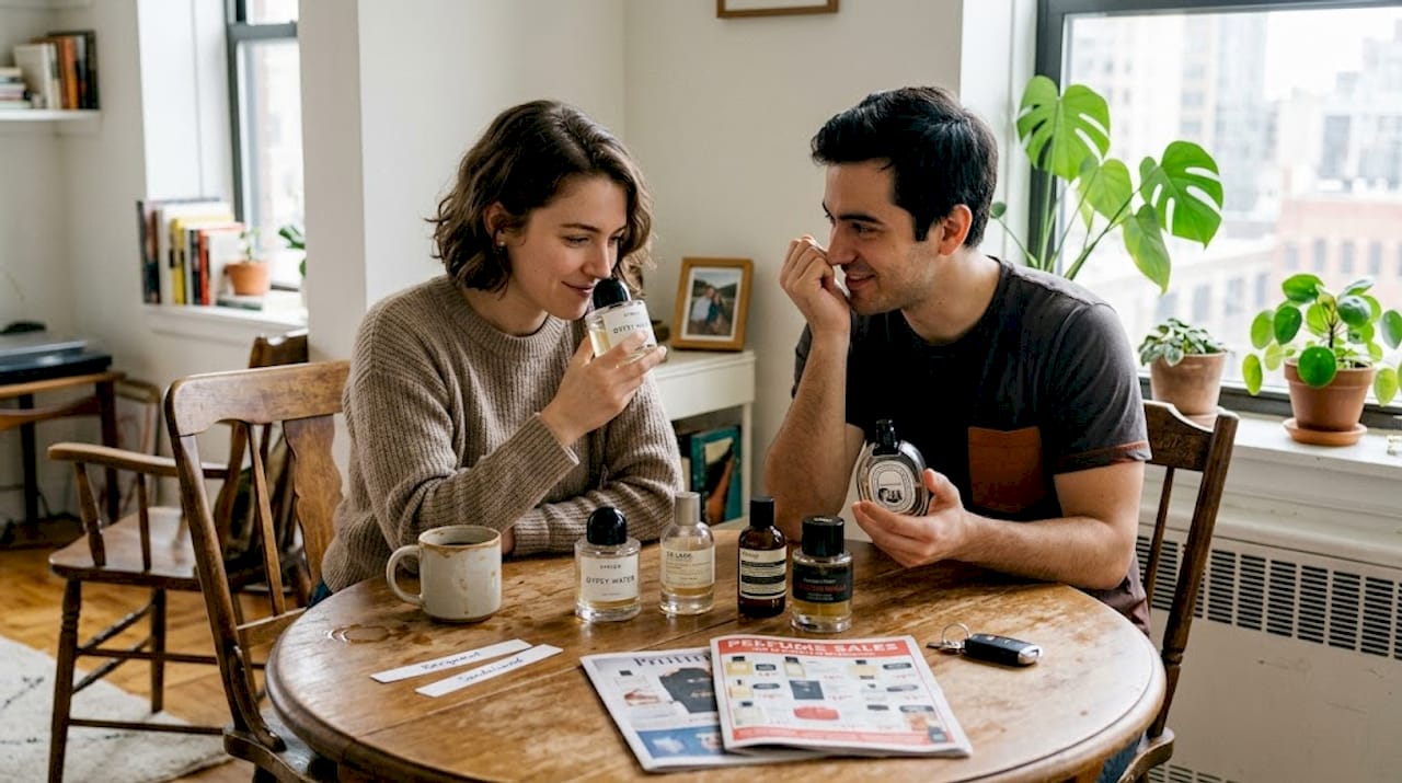 Two people comparing niche fragrance bottles at kitchen table