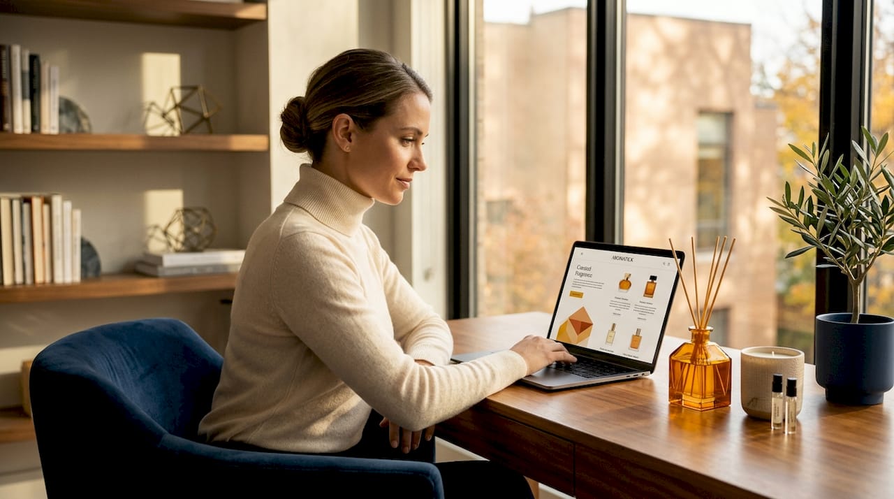 Woman browsing perfumes online at home