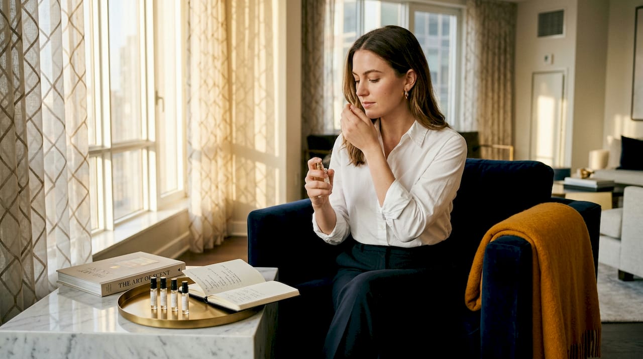 Woman tests perfumes in sunlit living room