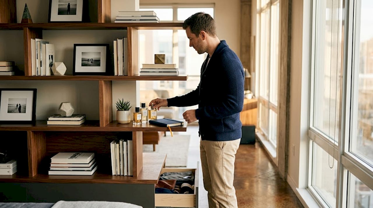 Man choosing cologne from shelf in apartment