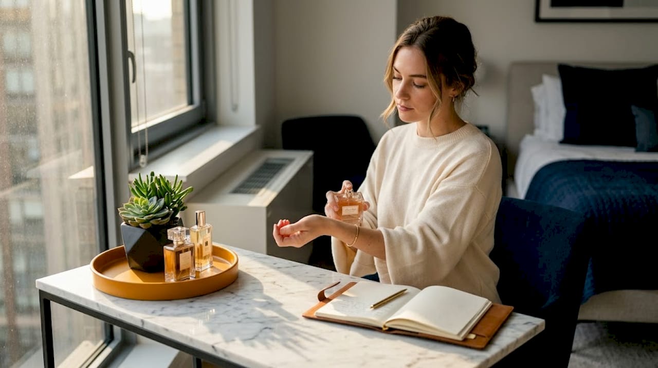Woman applying fragrance at vanity desk