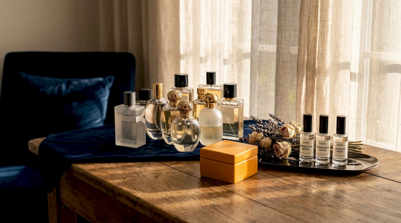 Luxury perfume bottles on wooden table