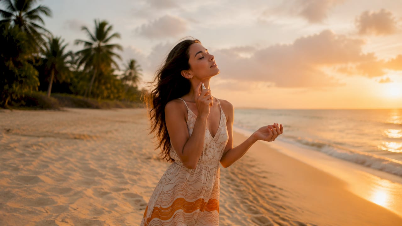 Woman applying perfume on street at sunset