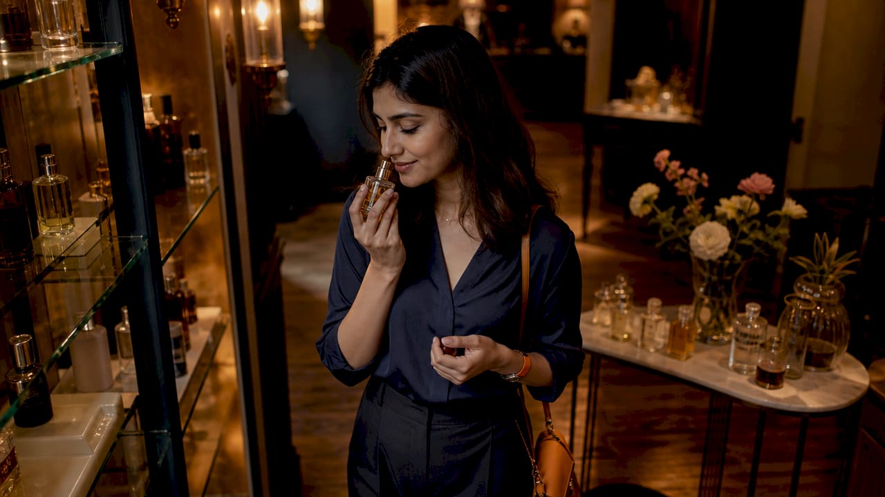 Woman smelling perfume tester bottle in boutique