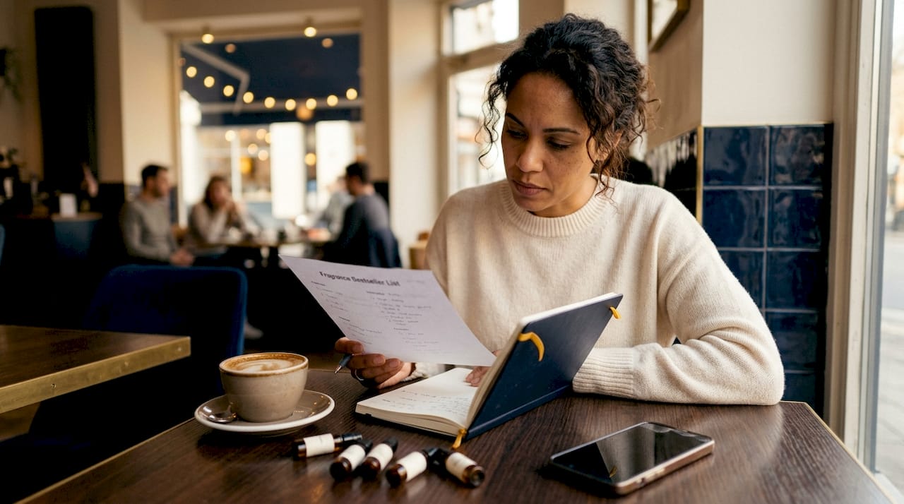 Woman reviewing fragrance bestseller list at desk