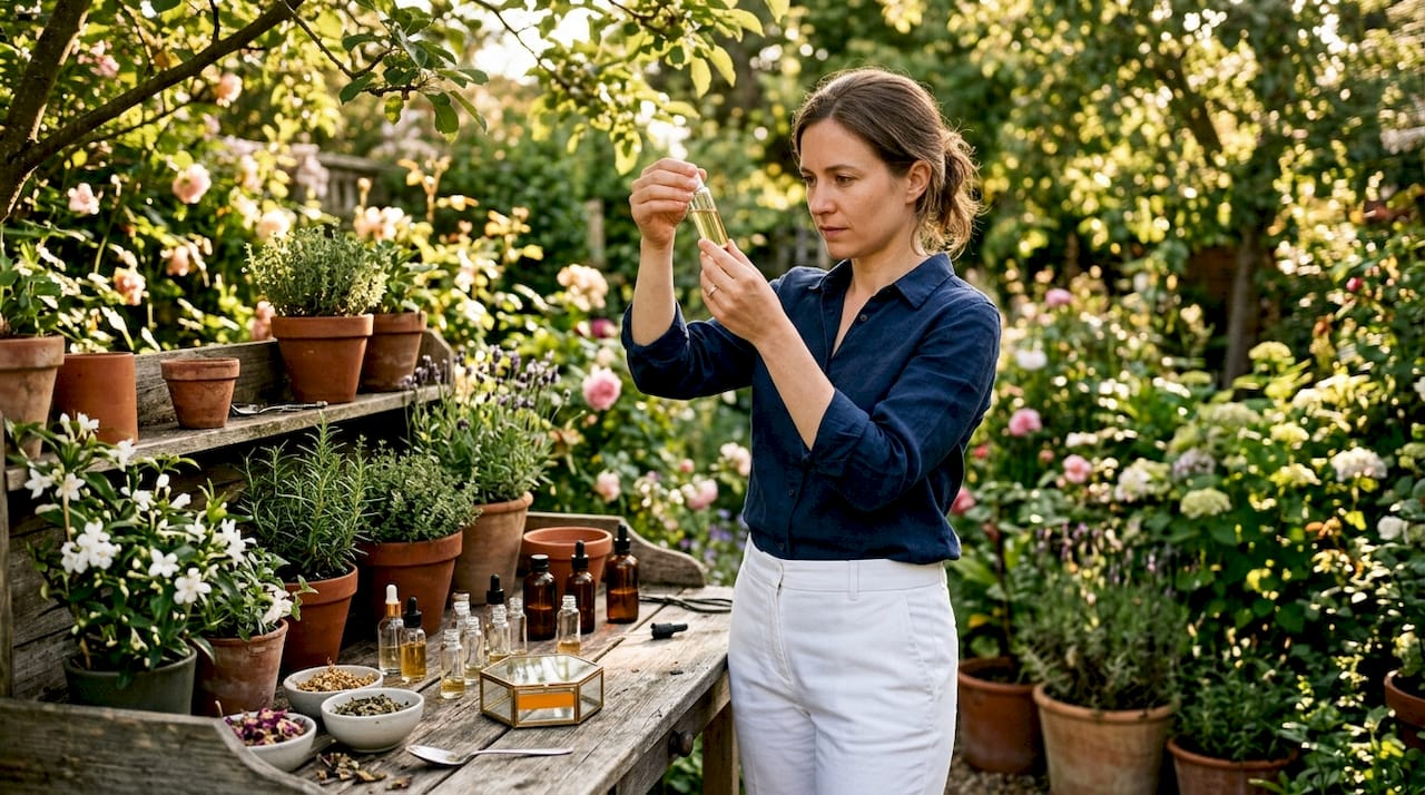 Perfumer examining liquid fragrance in workshop