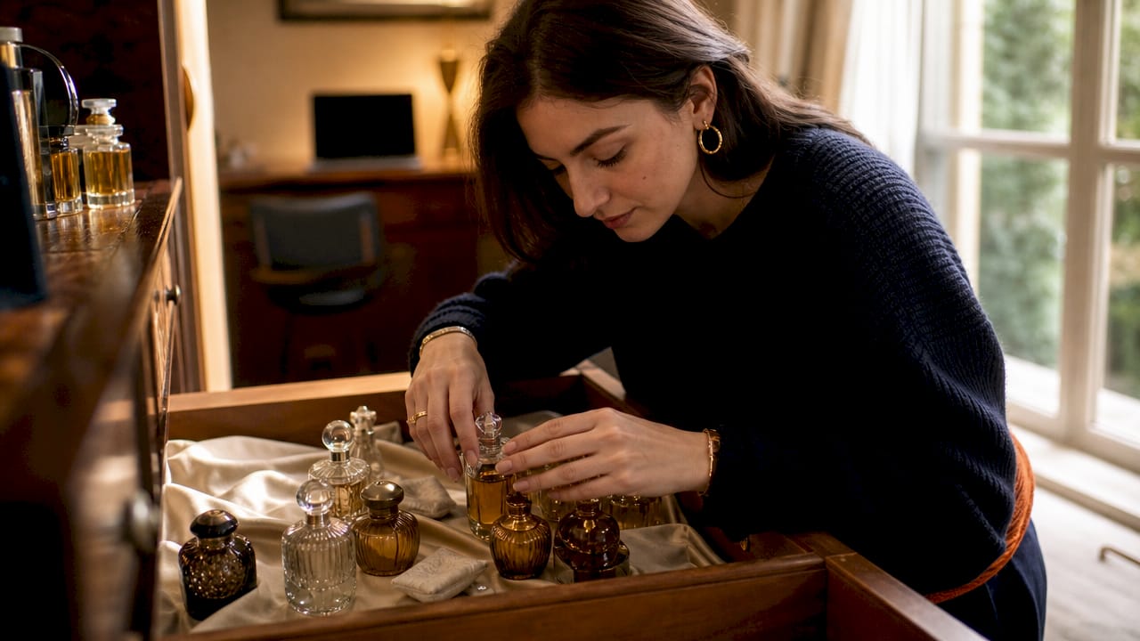 Hands arranging perfumes inside a bedroom drawer