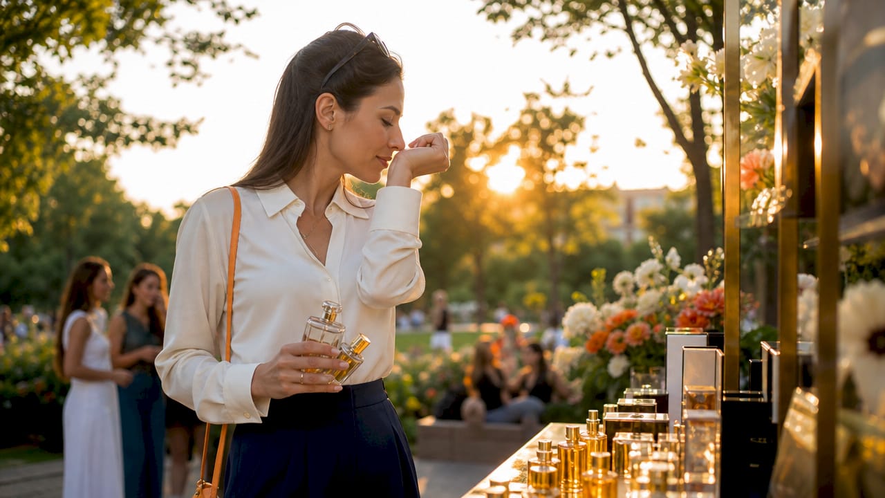 Woman testing perfumes at boutique counter