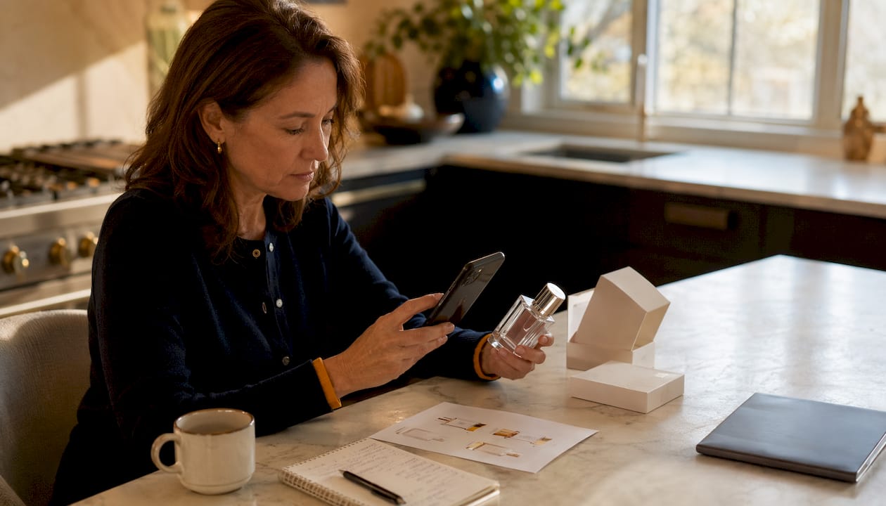 Woman verifying fragrance authenticity at home desk