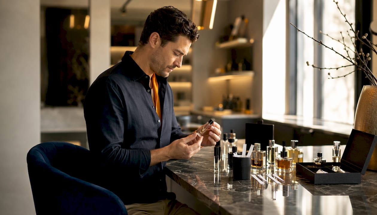 Man examining cologne sample indoors