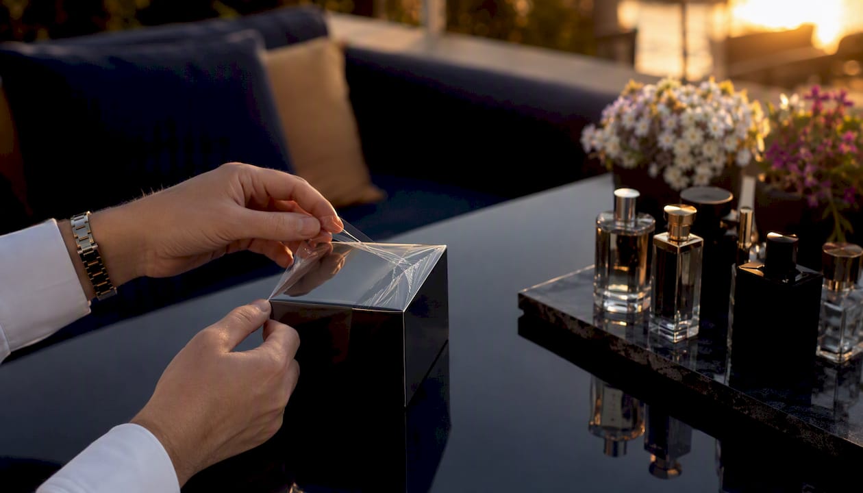 Hands unwrapping a perfume box on vanity
