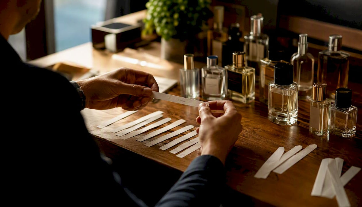 Testing perfume scent strips laid out