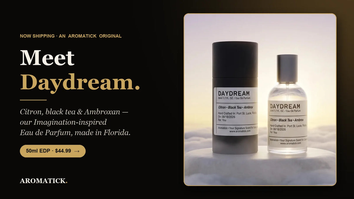 Aromatick Daydream eau de parfum 50ml bottle and black gift tube — citron, black tea and Ambroxan, inspired by Louis Vuitton Imagination