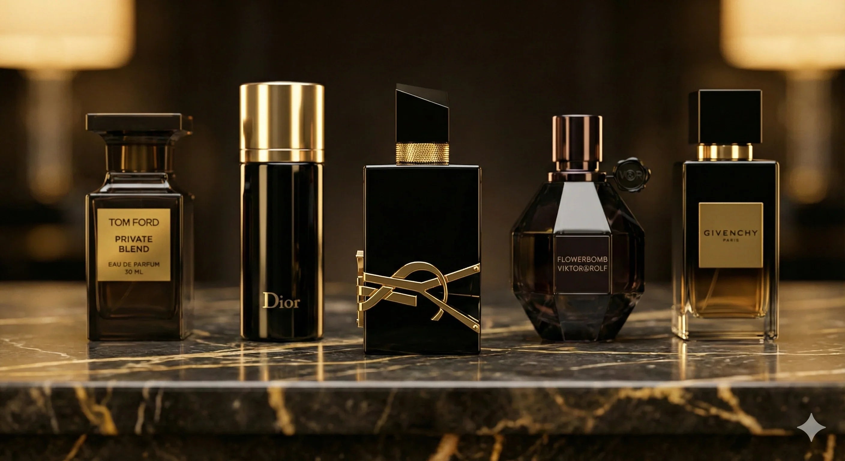 Designer winter fragrances Tom Ford Dior YSL Viktor Rolf Flowerbomb Givenchy on marble surface