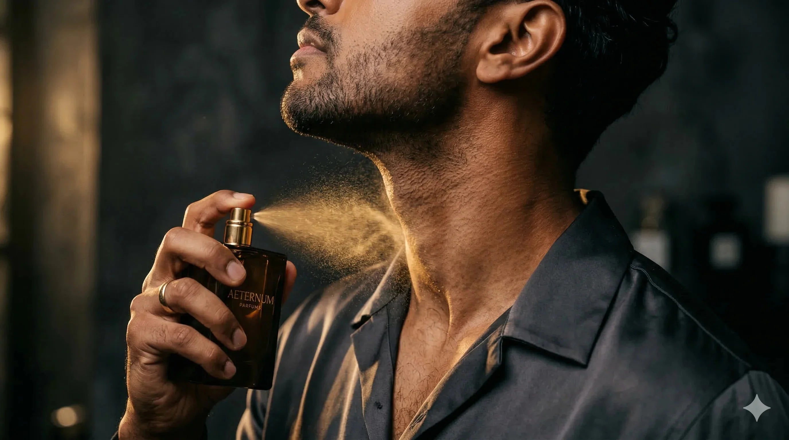 a man spraying cologne on his neck