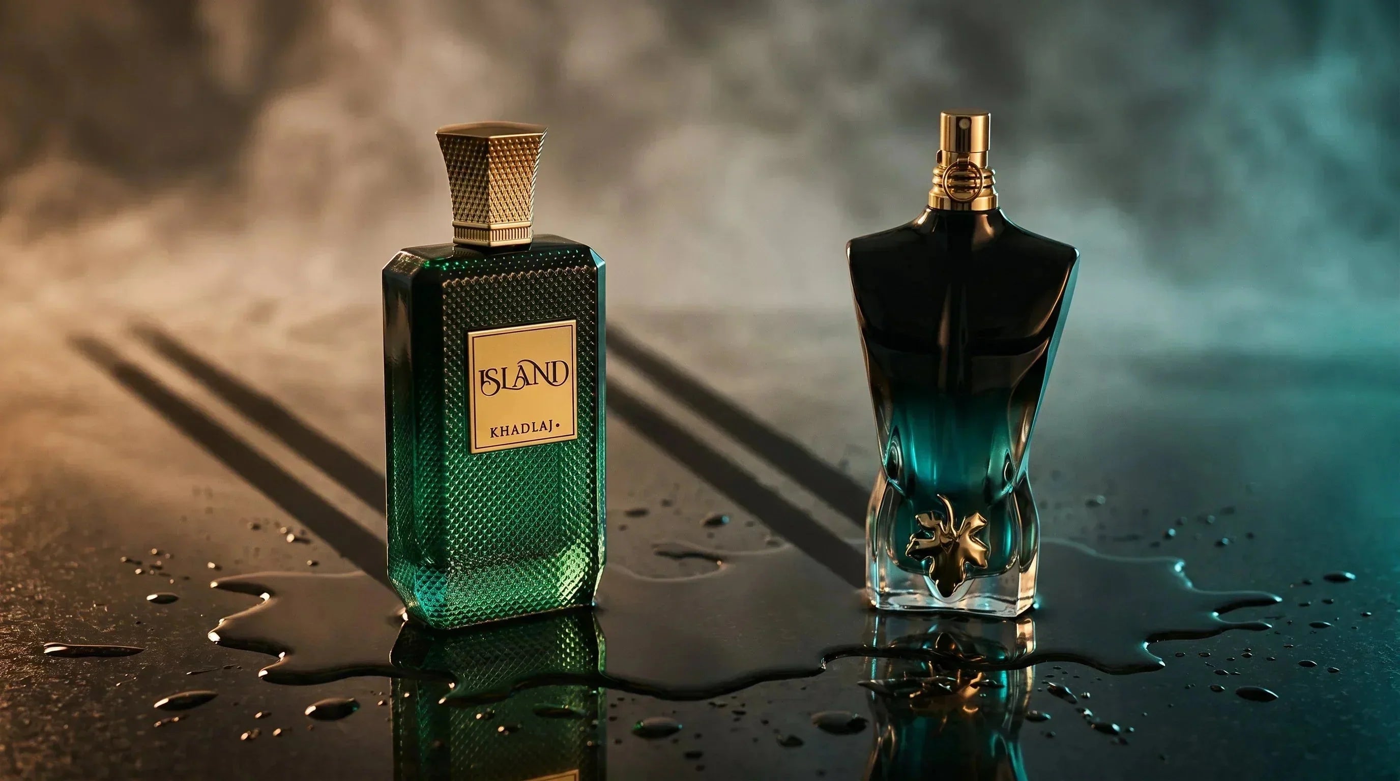 Khadlaj Island and JPG Le Beau Le Parfum bottles side by side on wet black granite comparison hero shot