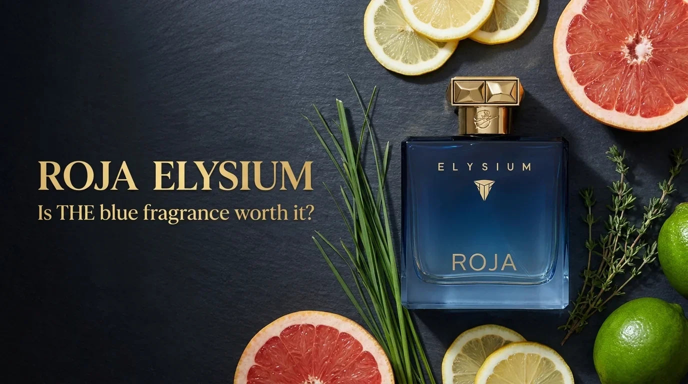 Roja Elysium Pour Homme bottle with grapefruit, lemon, lime and vetiver on dark slate