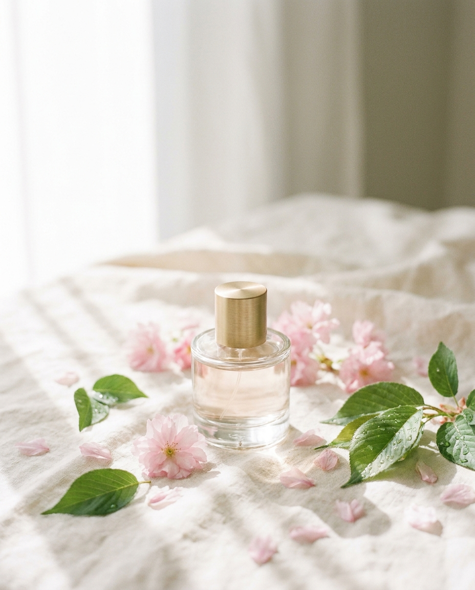 Spring fragrances — clear perfume bottle among cherry blossoms and green leaves on cream linen