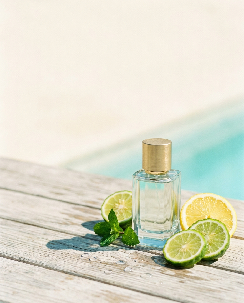 Summer fragrances — perfume bottle with fresh citrus and mint by a pool