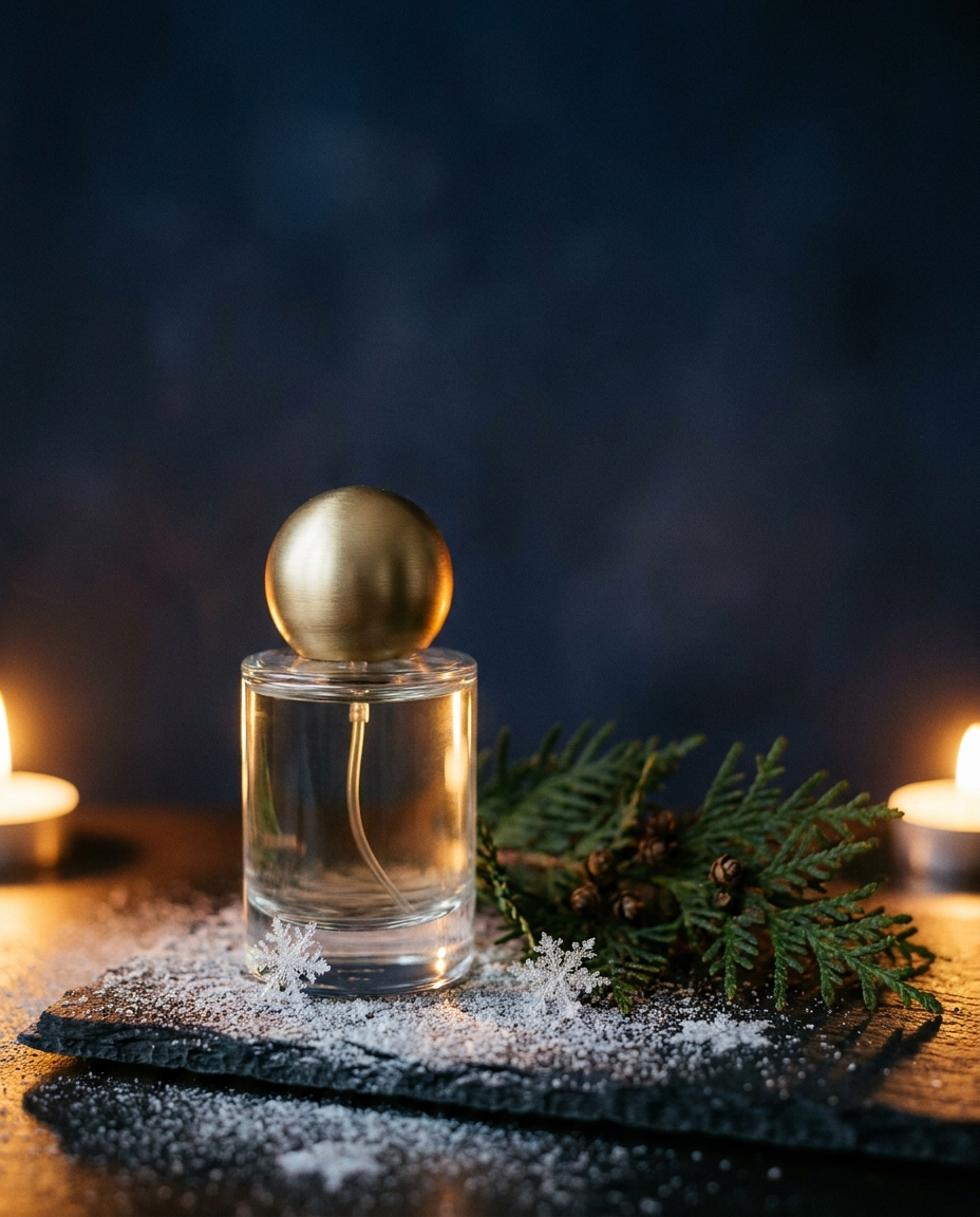 Winter fragrances — perfume bottle with evergreen and frost in warm candlelight