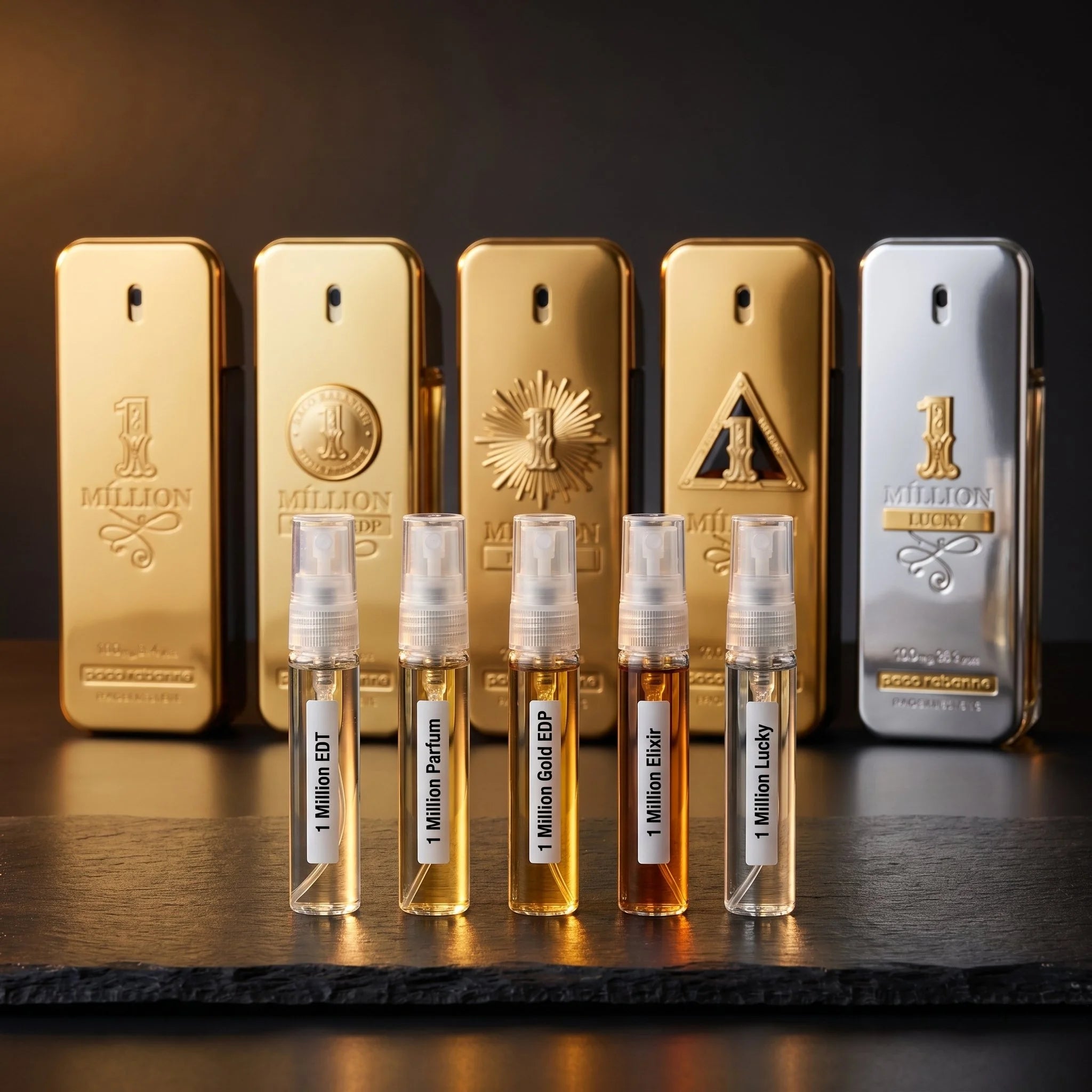 Aromatick Paco Rabanne 1 Million discovery set — five decant vials with EDT, Parfum, Gold EDP, Elixir, and Lucky bottles