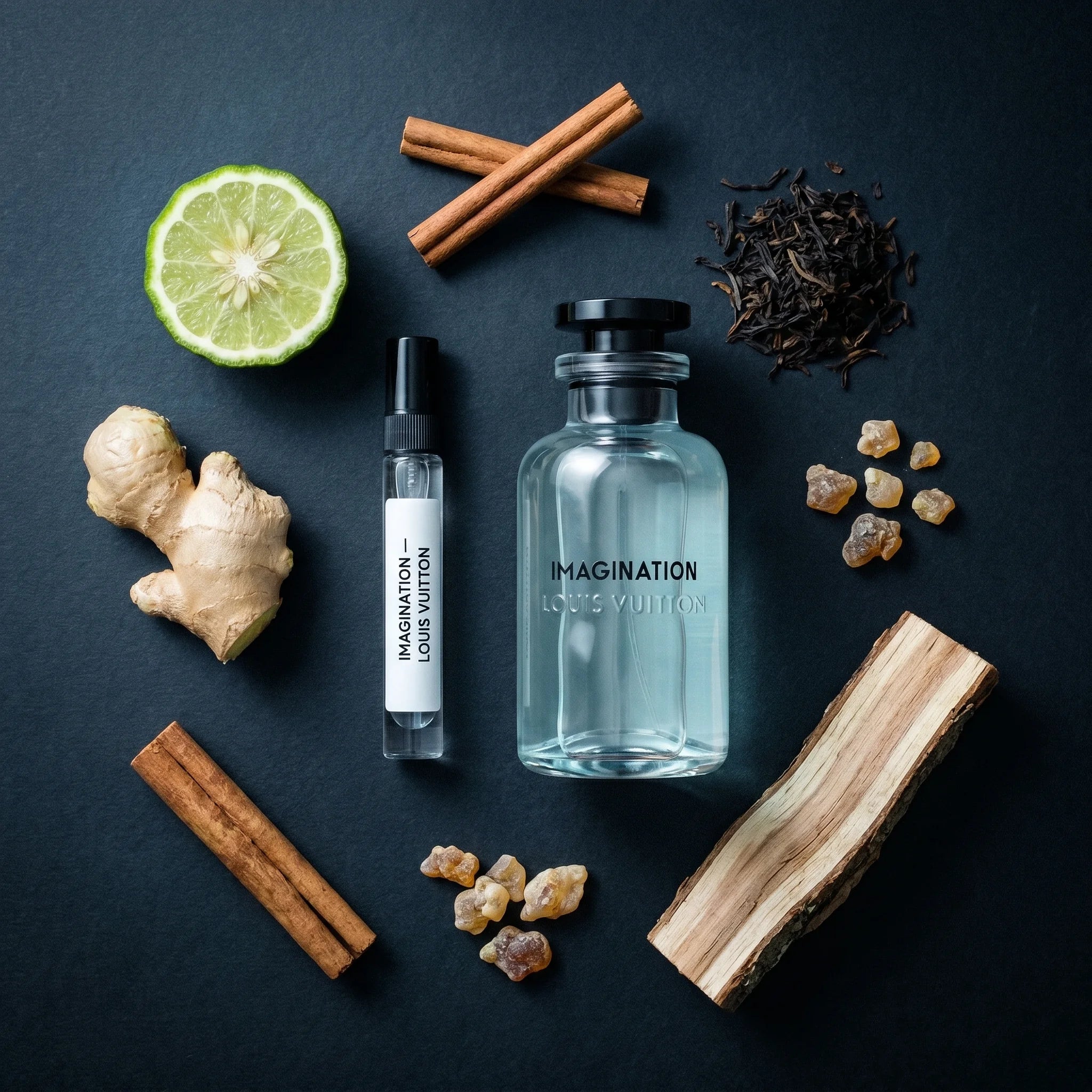 Louis Vuitton Imagination bottle and Aromatick decant on dark slate surface with bergamot ginger root cinnamon black tea olibanum guaiac wood notes flatlay