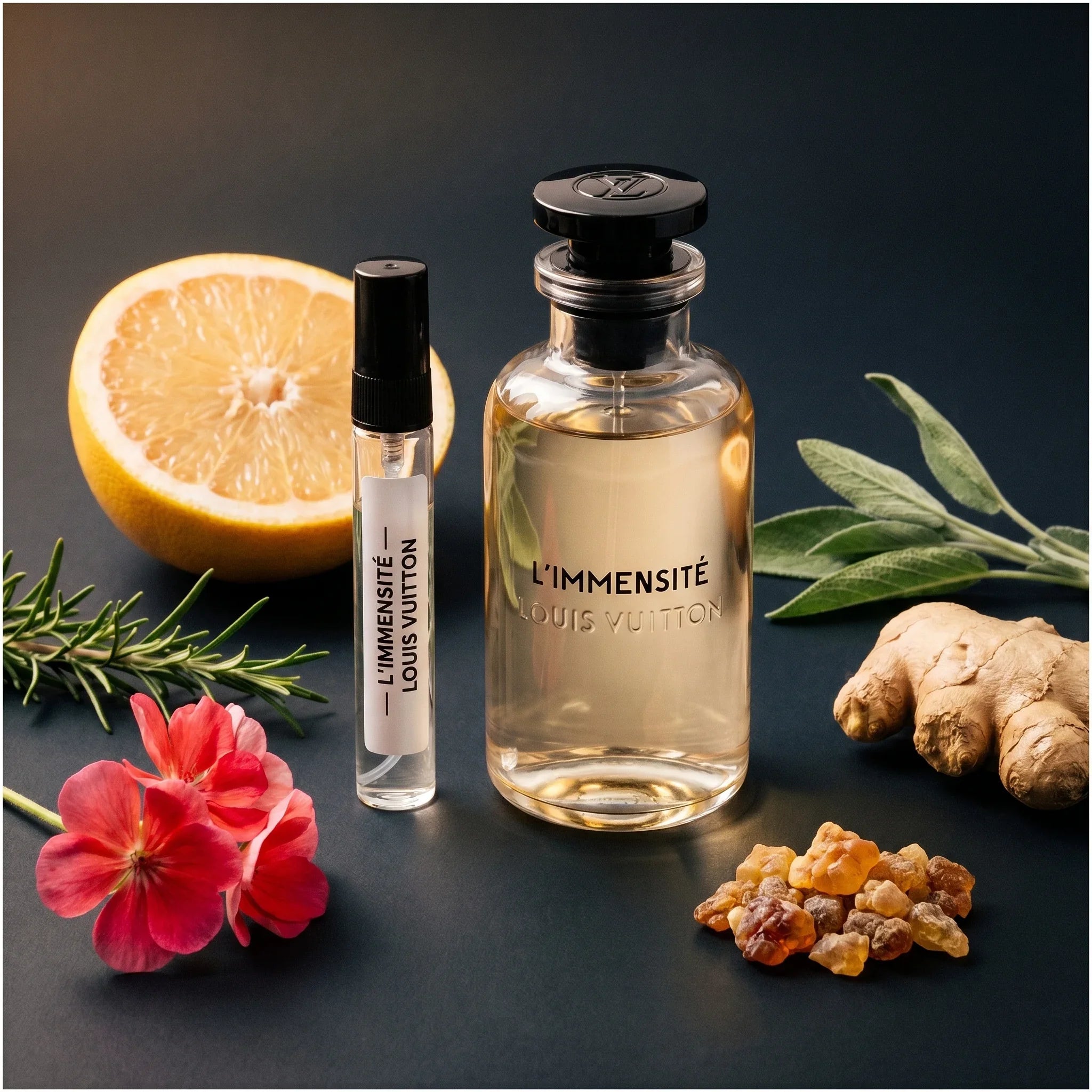 Louis Vuitton L'Immensité bottle and Aromatick decant on dark slate surface with grapefruit ginger root rosemary sage geranium amber resin notes flatlay